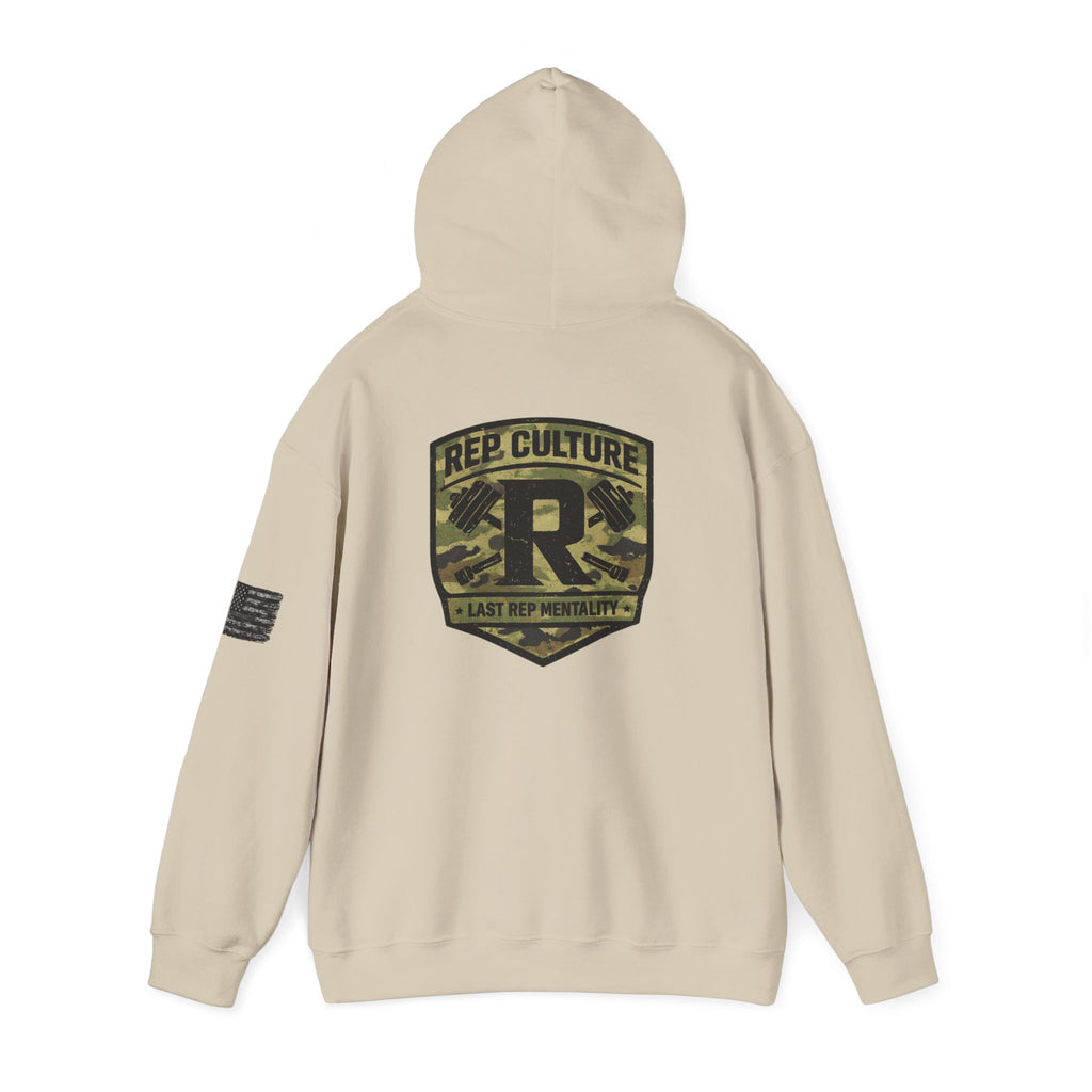Camo Shield Logo Hoodie — Rep Culture Military Patch Sweatshirt