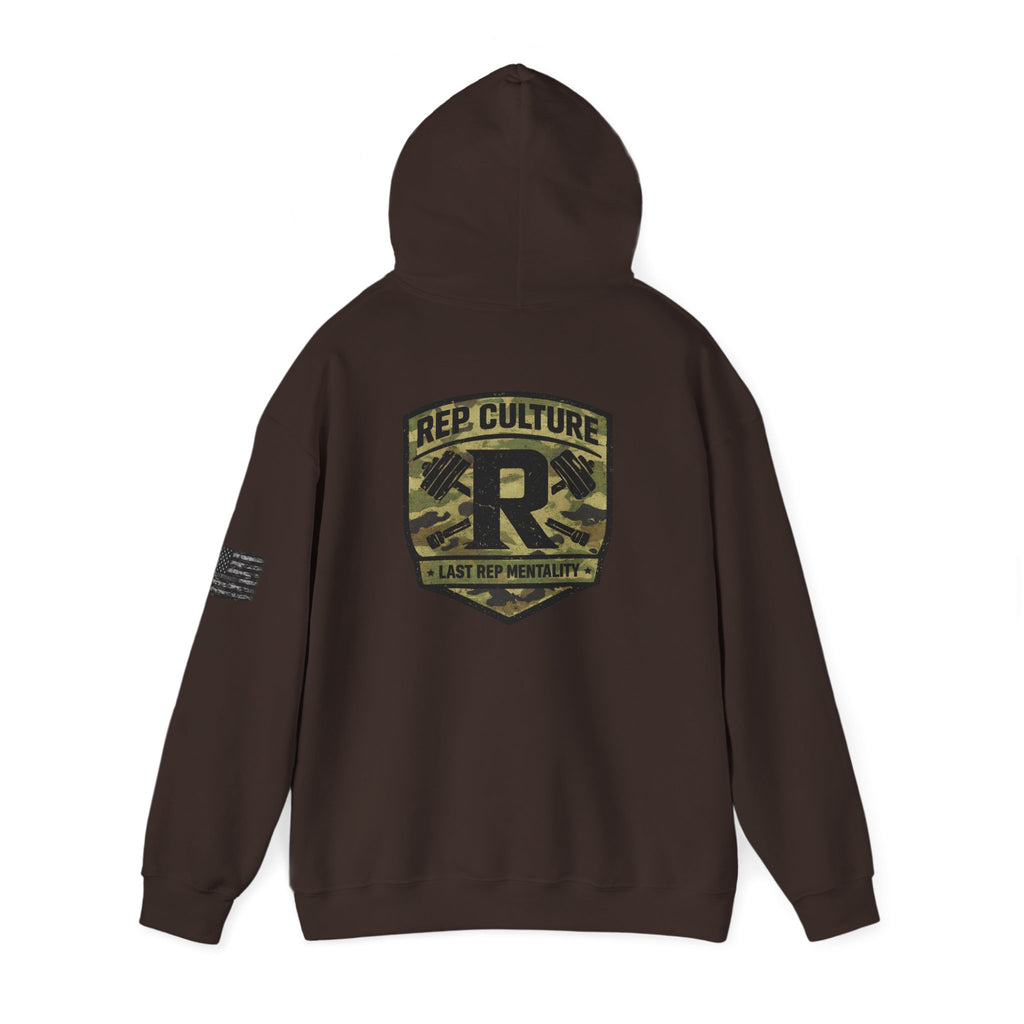 Camo Shield Logo Hoodie — Rep Culture Military Patch Sweatshirt