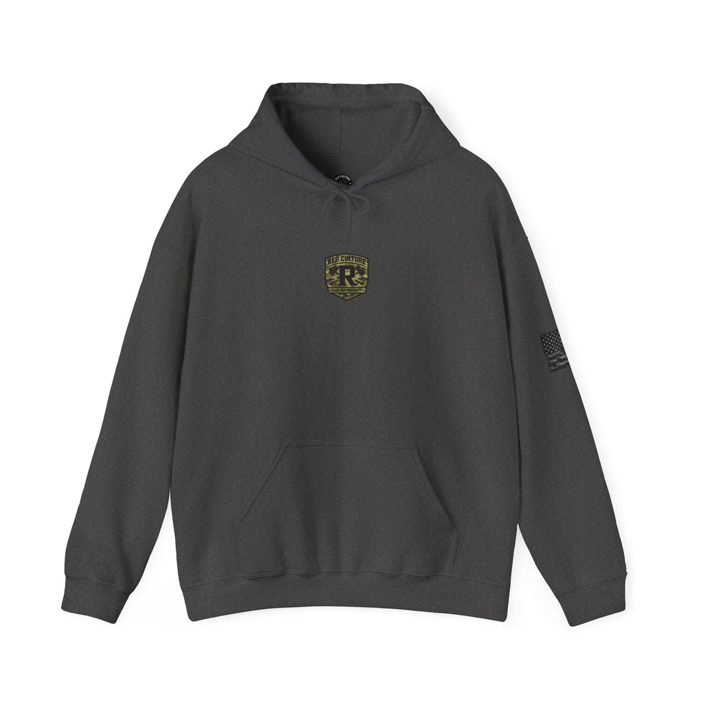 Camo Shield Logo Hoodie — Rep Culture Military Patch Sweatshirt