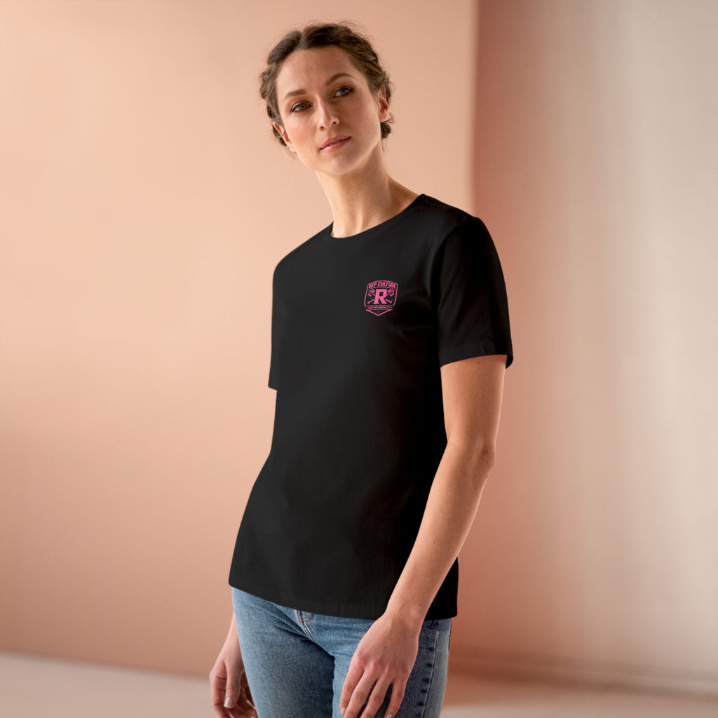 Women's Tee — "Girls Like To Rep Too" Pink Script Back Print
