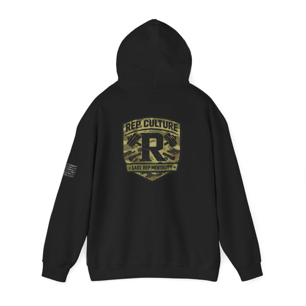 Camo Shield Logo Hoodie — Rep Culture Military Patch Sweatshirt