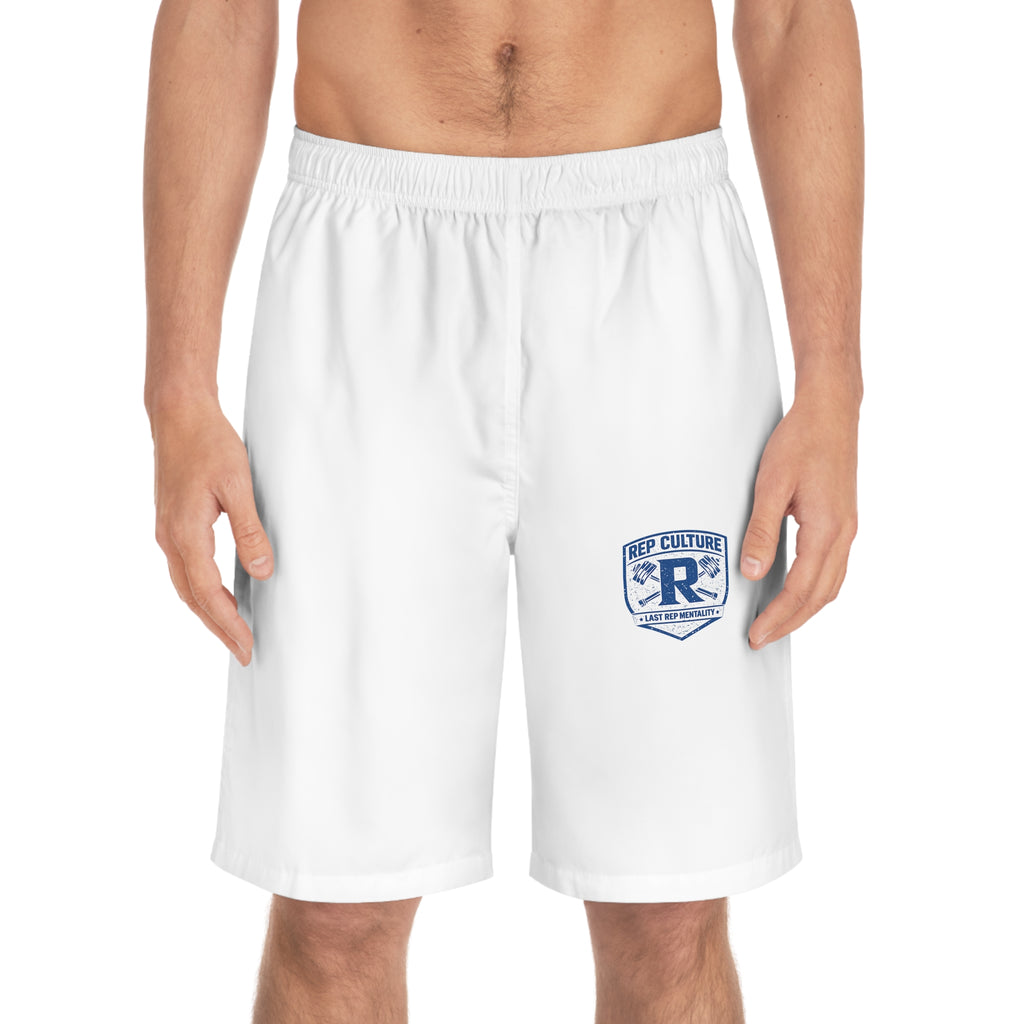 Retro Surf Logo Board Shorts — Men's White Swim Trunks