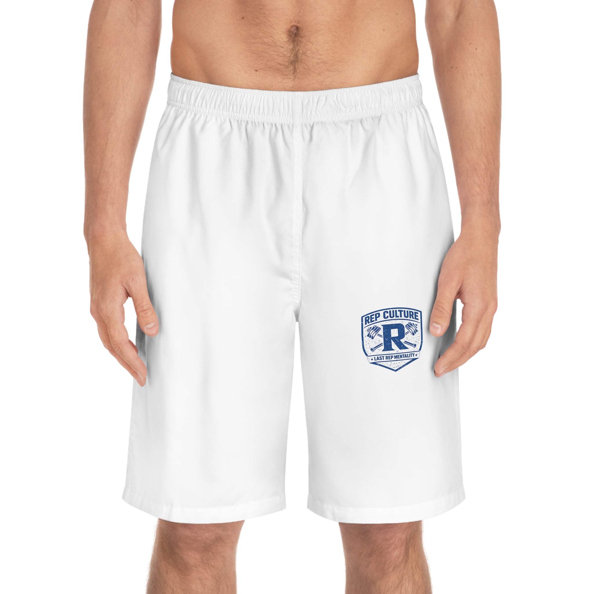 Retro Surf Logo Board Shorts — Men's White Swim Trunks