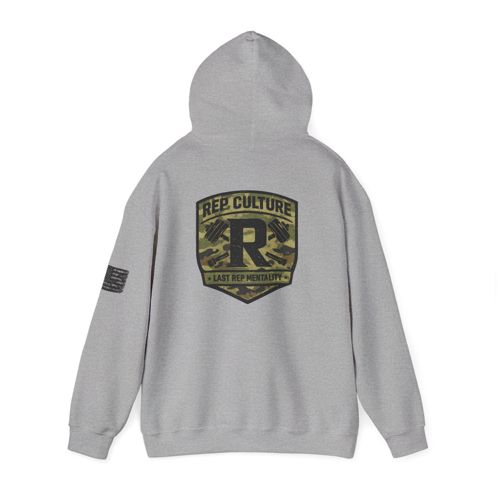 Camo Shield Logo Hoodie — Rep Culture Military Patch Sweatshirt