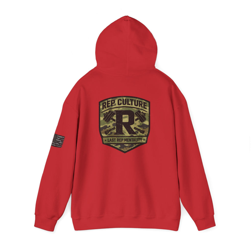 Camo Shield Logo Hoodie — Rep Culture Military Patch Sweatshirt